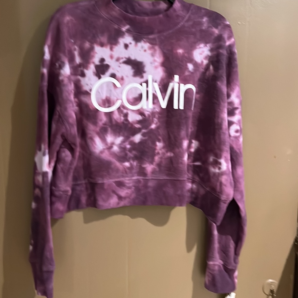 Calvin Klein Performance Cropped Tie Dye Crew Neck Sweatshirt in Purple XL NEW